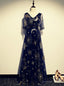 Navy Blue Tulle Sequins V Neck Short Sleeve Prom Dresses