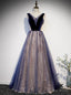 Navy Blue Tulle Sequins Velvet V Neck Prom Dresses