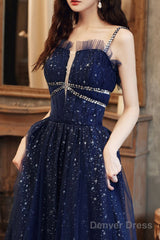 Navy Blue Tulle Straps Beaded Long Formal Dress, A-Line Blue Evening Dress