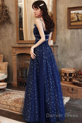 Navy Blue Tulle Straps Beaded Long Formal Dress, A-Line Blue Evening Dress