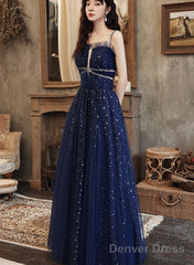Navy Blue Tulle Straps Beaded Long Formal Dress, A-Line Blue Evening Dress