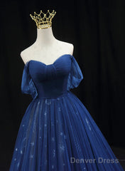 Navy Blue Tulle Sweetheart Long Prom Dress, A-Line Navy Blue Evening Dress
