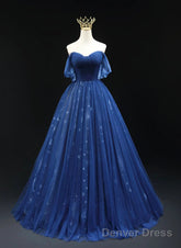 Navy Blue Tulle Sweetheart Long Prom Dress, A-Line Navy Blue Evening Dress