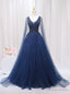 Navy Blue Tulle V Neck Beading Prom Dresses