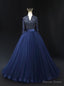 Navy Blue Tulle V Neck Long Sleeve Beading Prom Dresses