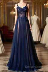 Navy Blue Tulle V Neck Long Women Prom Dresses, Lace Up Evening Dresses
