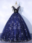 Navy Blue Tulle V Neck Print Quinceanera Dresses