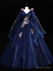Navy Blue Tulle V-neck Sequins Embroidery Quinceanera Dress