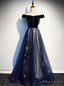 Navy Blue Tulle Velvet Off the Shoulder Prom Dress