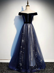 Navy Blue Tulle Velvet Off the Shoulder Prom Dress