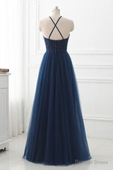 Navy Blue Tulle with Lace Applique Long Party Dress, Blue Prom Dress