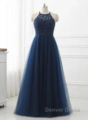 Navy Blue Tulle With Lace Applique Long Party Dresses Prom Dresses Sleeveless Elegant