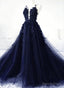 Navy Blue Tulle With Lace Applique Prom Dress, Navy Blue Tulle Prom Dresses