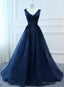 Navy Blue V Neckline Lace Long Prom Dress with Flowers, Blue V Neckline Prom Dresses