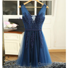 Navy Blue V-Neckline Tulle With Lace Applique Short Prom Dresses, Blue Bridesmaid Dresses
