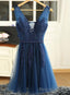 Navy Blue V-Neckline Tulle With Lace Applique Short Prom Dresses, Blue Bridesmaid Dresses