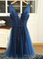 Navy Blue V Neckline Tulle With Lace Applique Short Prom Dress, Blue Bridesmaid Dresses