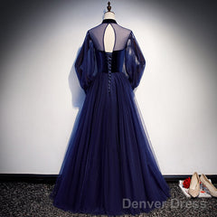 Navy Blue Velvet And Tulle A-Line Long Sleeves Prom Dresses, Blue Bridesmaid Dresses
