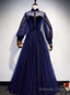 Navy Blue Velvet And Tulle A Line Long Sleeves Prom Dress, Blue Bridesmaid Dresses