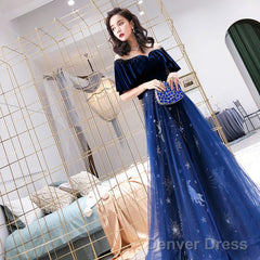 Navy Blue Velvet And Tulle Floor Length Evening Dress Party Dress, Blue Junior Prom Dresses
