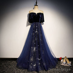 Navy Blue Velvet and Tulle Long Party Dress A-line Blue Evening Dress prom dresses shops