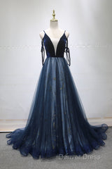 Navy Blue Velvet And Tulle Long Prom Dresses Party Dresses, Navy Blue Evening Dresses