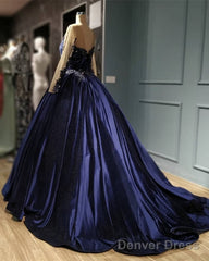 Navy Blue Velvet Ball Gown Long Sleeve Dress