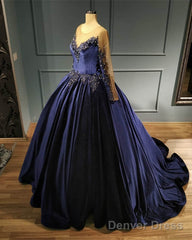 Navy Blue Velvet Ball Gown Long Sleeve Dress