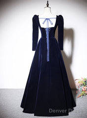 Navy Blue Velvet Long Sleeves Beaded Formal Dress, Blue A-Line Prom Dress
