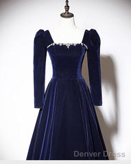 Navy Blue Velvet Long Sleeves Beaded Formal Dress, Blue A-Line Prom Dress