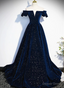 Navy Blue Velvet Off Shoulder Long Prom Dress, Navy Blue Prom Dress