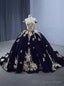Navy Blue Velvet Off the Shoulder Appliques Prom Dresses