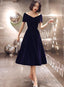 Navy Blue Velvet Tea Length V Neckline Prom Dress, Navy Blue Bridesmaid Dress Prom Dresses