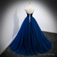 Navy Blue Velvet Top and Tulle Long Formal Dress, Blue Sweetheart Prom Dress