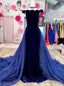Navy Blue Velvet Tulle Off the Shoulder Prom Dresses