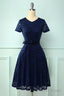 Navy Short Sleeves Lace Homecoming Dress