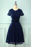 Navy Short Sleeves Lace Homecoming Dresses