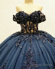 Navy Tulle Corset Dress With 3D Lace Flowers