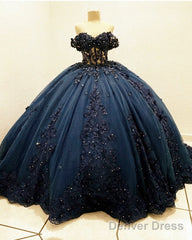 Navy Tulle Corset Dress With 3D Lace Flowers