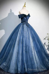 Navy Velvet And Tulle Long Prom Dress, Elegant Off The Shoulder Party Dress