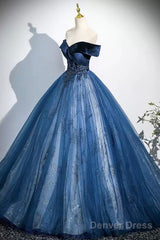 Navy Velvet And Tulle Long Prom Dress, Elegant Off The Shoulder Party Dress