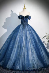 Navy Velvet And Tulle Long Prom Dress, Elegant Off The Shoulder Party Dress