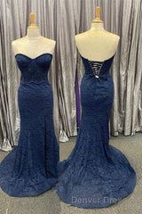 Mint Green Lace Strapless Mermaid Long Prom Dresses with Slit