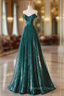 New A Line Dark Green Prom Dress, Off The Shoulder Prom Dress With Cape, Sweeping Tail Prom Dresses