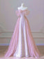 New Arrival A line Off The Shoulder Short Sleeves Pleated Sequin Pink Floor Length Prom Dresses