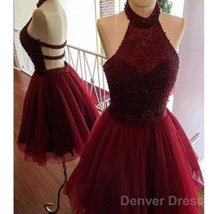 New Arrival Burgundy Halter Beaded Open Back Unique Homecoming Dress