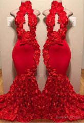 New Arrival Red Keyhole Mermaid Flowers Halter Sleeveless Long Prom Dresses