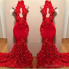 New Arrival Red Keyhole Mermaid Flowers Halter Sleeveless Long Prom Dresses