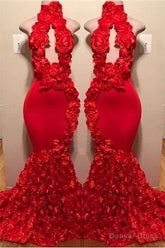 New Arrival Red Keyhole Mermaid Flowers Halter Sleeveless Long Prom Dresses