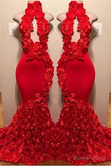 New Arrival Red Keyhole Mermaid Flowers Halter Sleeveless Long Prom Dresses